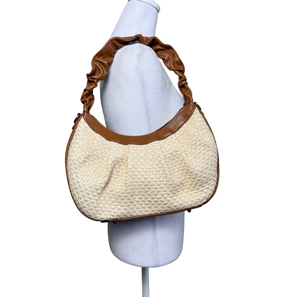 Valentina Fiore Leather/Straw Hobo Bag Woven Made in Italy Coastal Summer Chic - Picture 2 of 11